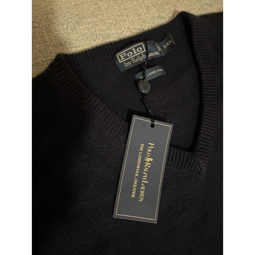 Polo Ralph Lauren Men's Sweater 100% Lambs Wool Navy V-Neck XXL Long Sleeve NWT - Picture 2 of 16